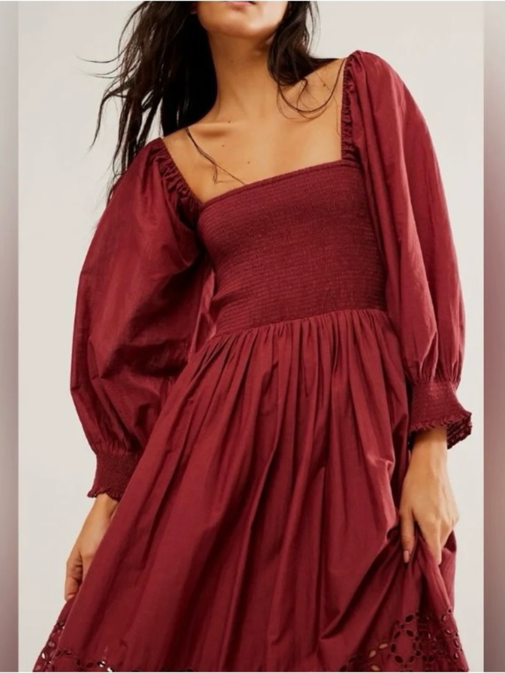 Free People “The Perfect Storm” Midi Dress Eyelet Smocked Cotton Burgundy Size L - Picture 3 of 11